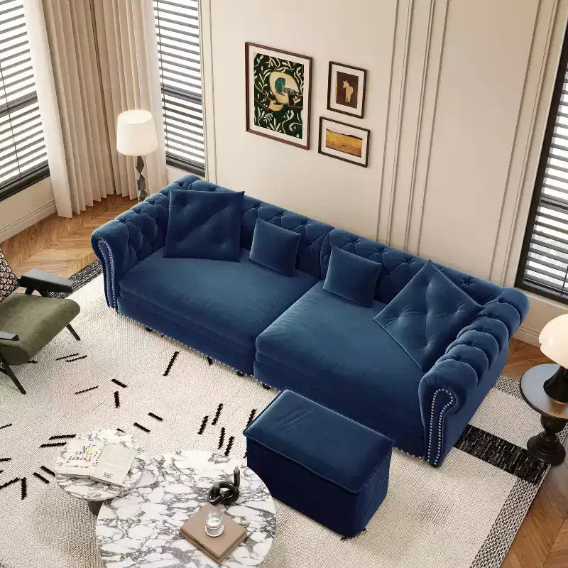 89" Velvet 3 Seat Sofa with Movable Ottoman, 3-in-1 Pull Out Sofa Bed, King Size, Blue