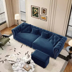 89" Velvet 3 Seat Sofa with Movable Ottoman, 3-in-1 Pull Out Sofa Bed, King Size, Blue