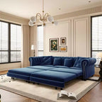 89" Velvet 3 Seat Sofa with Movable Ottoman, 3-in-1 Pull Out Sofa Bed, King Size, Blue