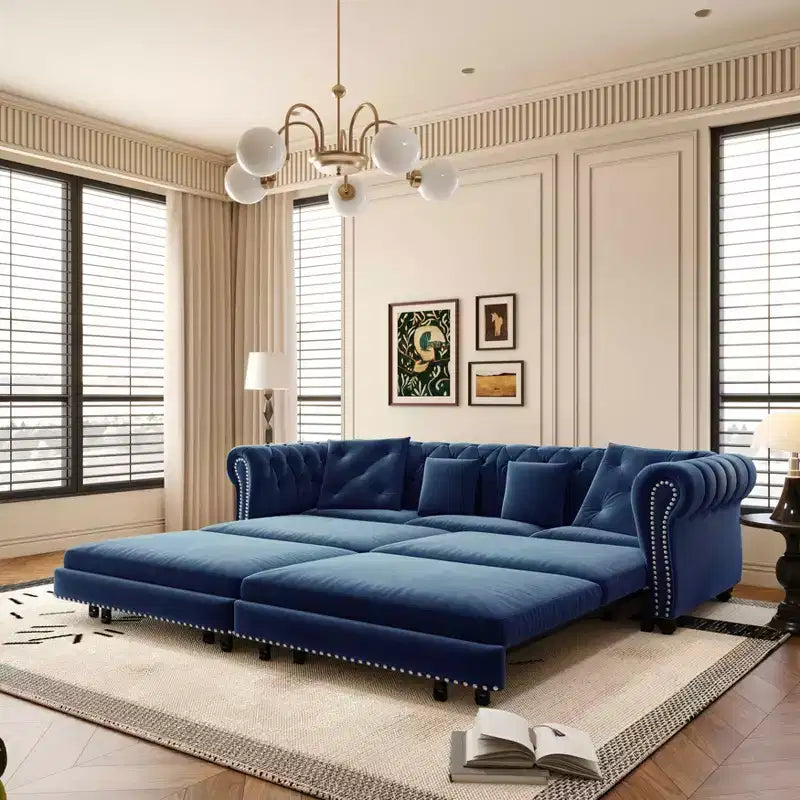 89" Velvet 3 Seat Sofa with Movable Ottoman, 3-in-1 Pull Out Sofa Bed, King Size, Blue