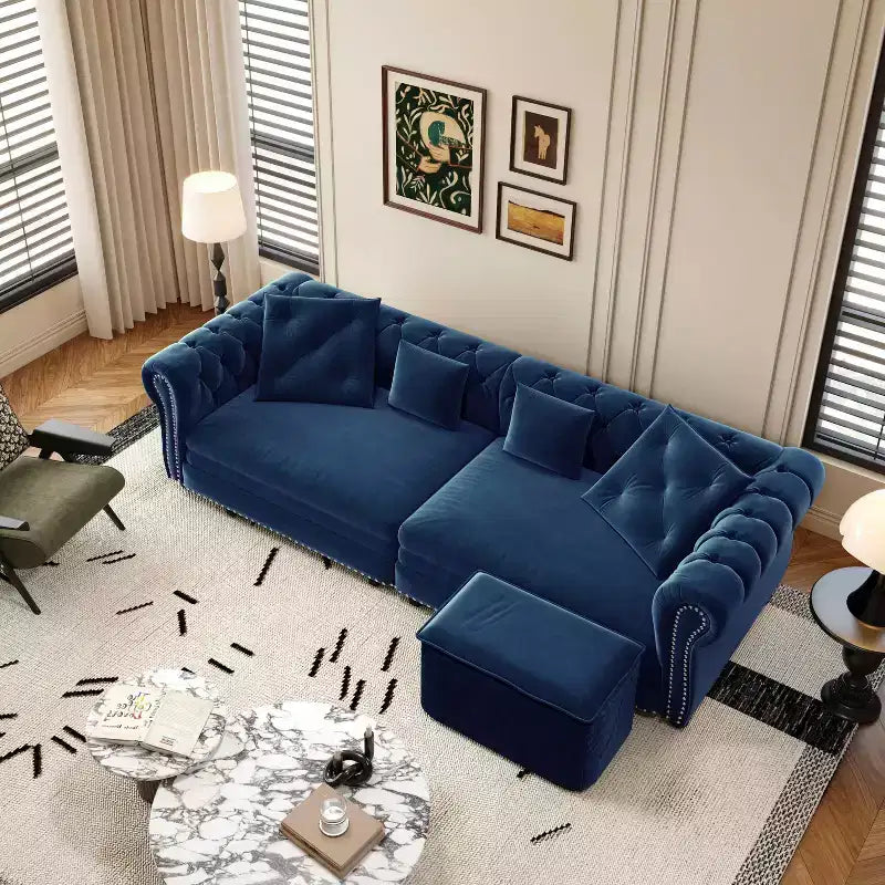 89" Velvet 3 Seat Sofa with Movable Ottoman, 3-in-1 Pull Out Sofa Bed, King Size, Blue