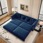 89" Velvet 3 Seat Sofa with Movable Ottoman, 3-in-1 Pull Out Sofa Bed, King Size, Blue