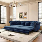 89" Velvet 3 Seat Sofa with Movable Ottoman, 3-in-1 Pull Out Sofa Bed, King Size, Blue