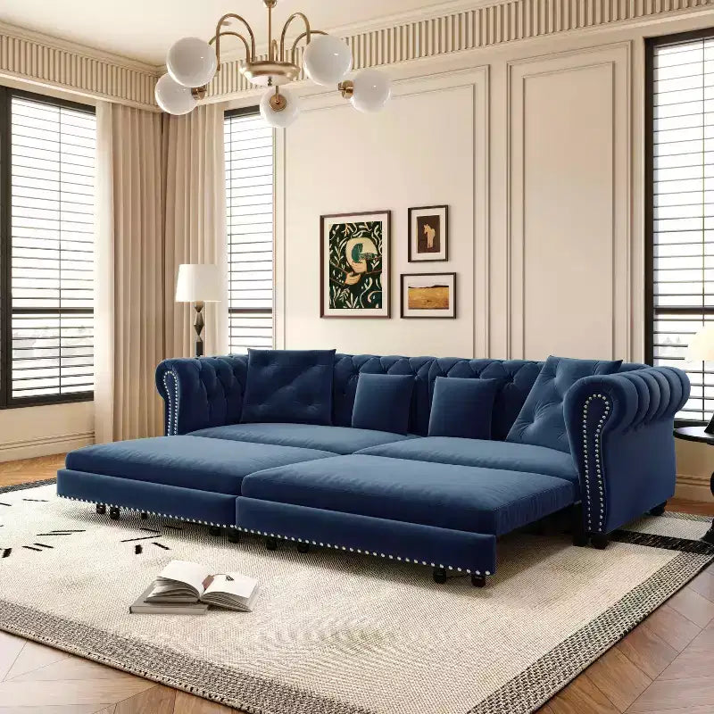 89" Velvet 3 Seat Sofa with Movable Ottoman, 3-in-1 Pull Out Sofa Bed, King Size, Blue