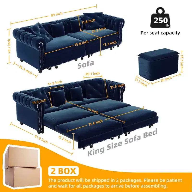 89" Velvet 3 Seat Sofa with Movable Ottoman, 3-in-1 Pull Out Sofa Bed, King Size, Blue