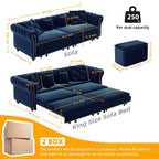 89" Velvet 3 Seat Sofa with Movable Ottoman, 3-in-1 Pull Out Sofa Bed, King Size, Blue