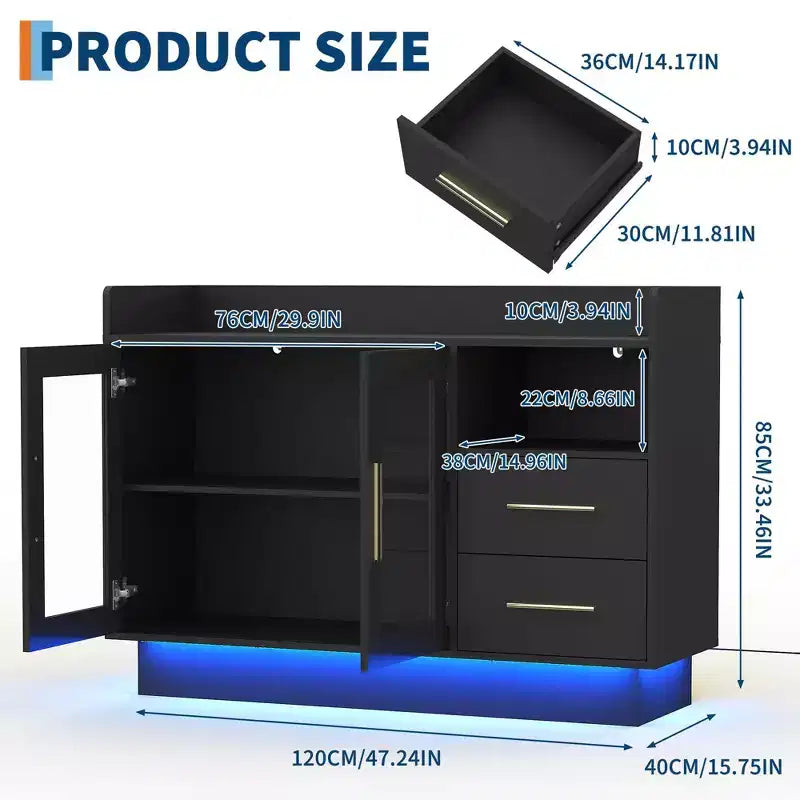 Glass Door Storage Cabinet, Freestanding Display Cabinet with Drawers for Living Room & Dining Room