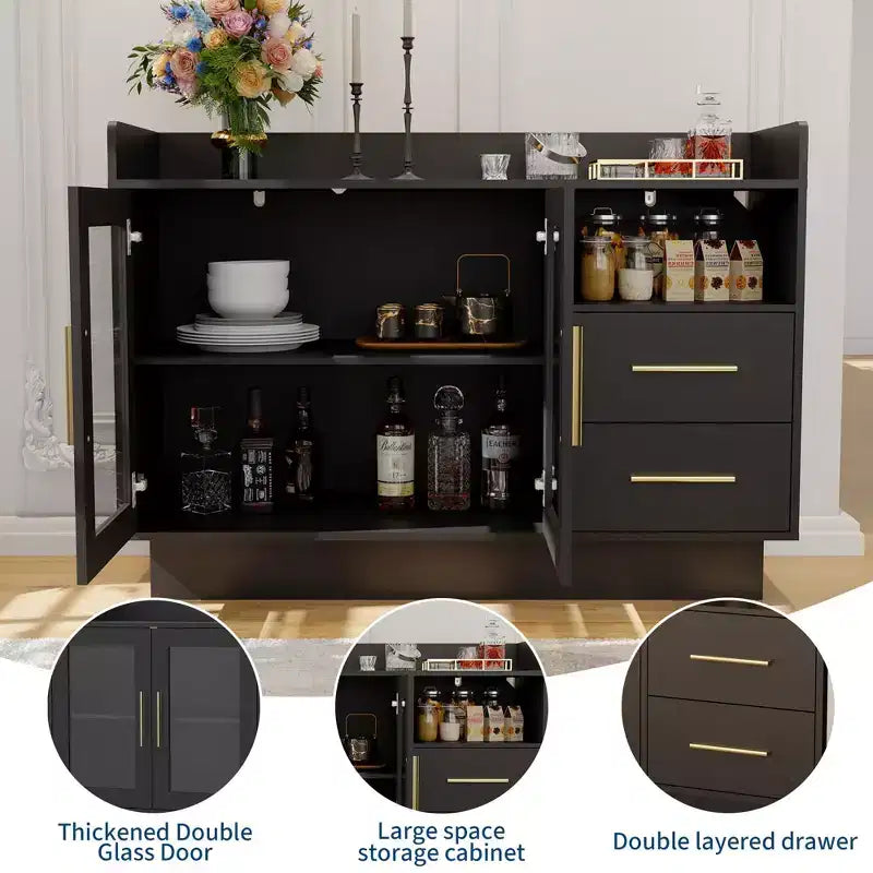Glass Door Storage Cabinet, Freestanding Display Cabinet with Drawers for Living Room & Dining Room