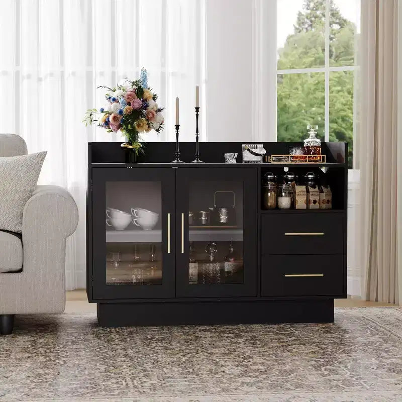 Glass Door Storage Cabinet, Freestanding Display Cabinet with Drawers for Living Room & Dining Room